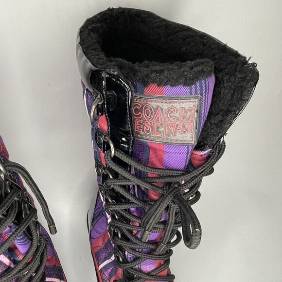 COACH Peggey W sz 8 B Plaid Purple Metallic Shearling Quilted Logo Boot Shoes - Picture 3 of 14